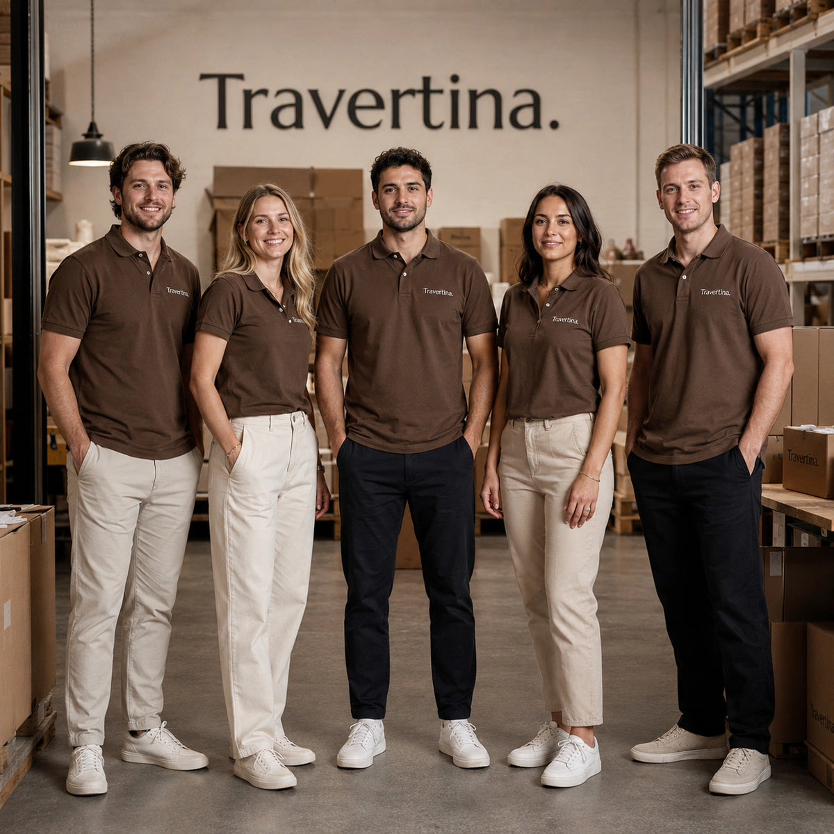 The Travertina team standing together in the brand's showroom