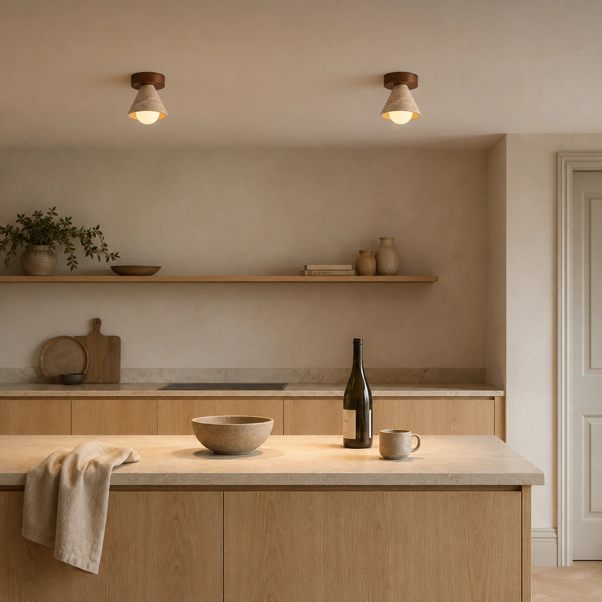Travertine cone ceiling light in a warm oak kitchen