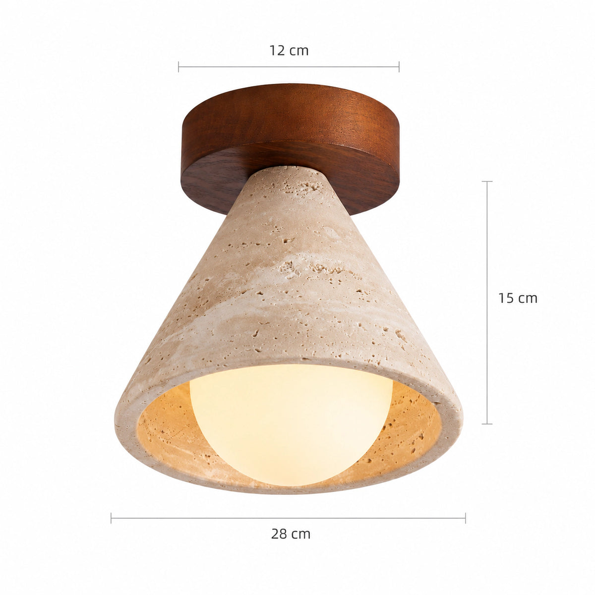 Measured dimensions of the travertine cone ceiling light
