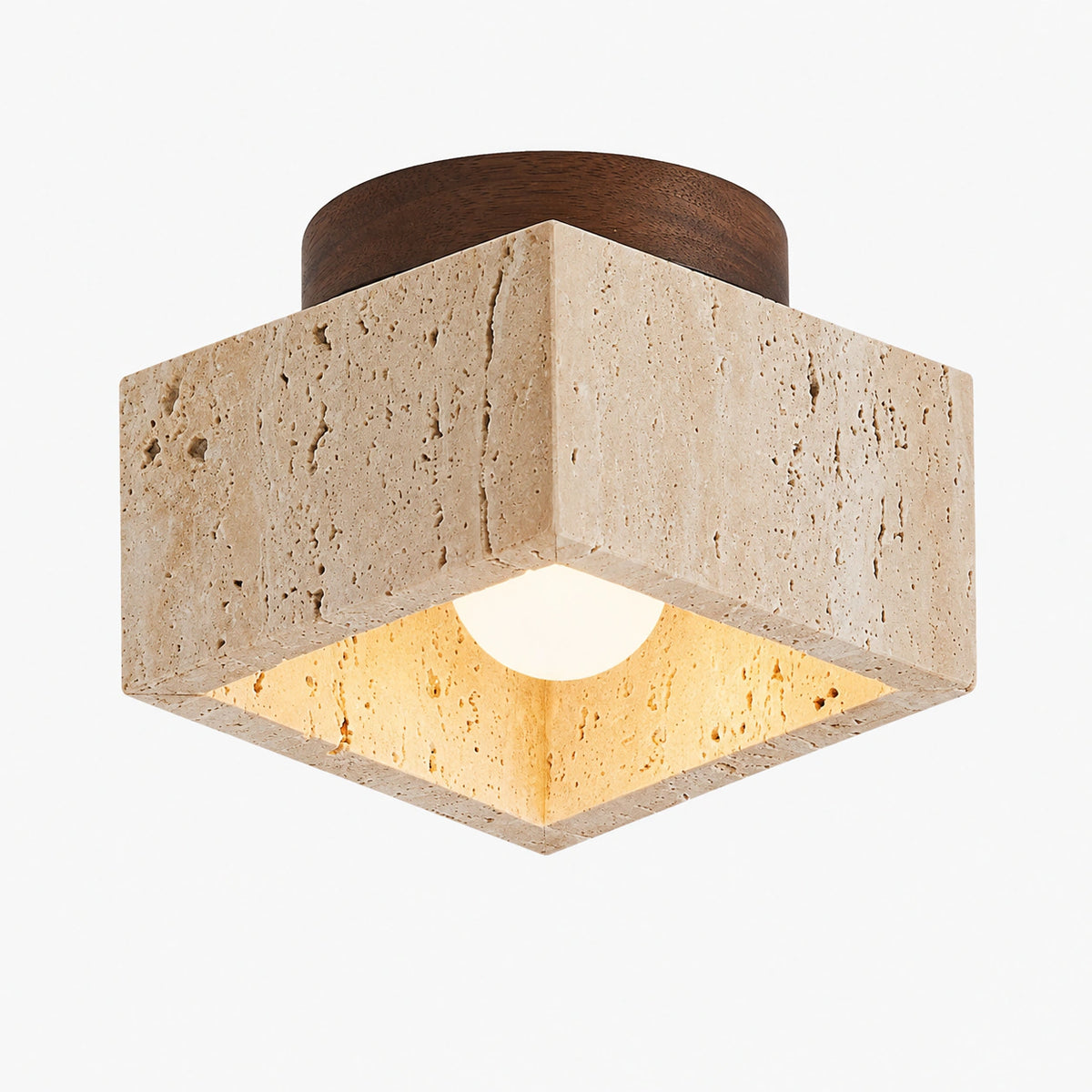 Travertine cube ceiling light with a walnut collar on a white background
