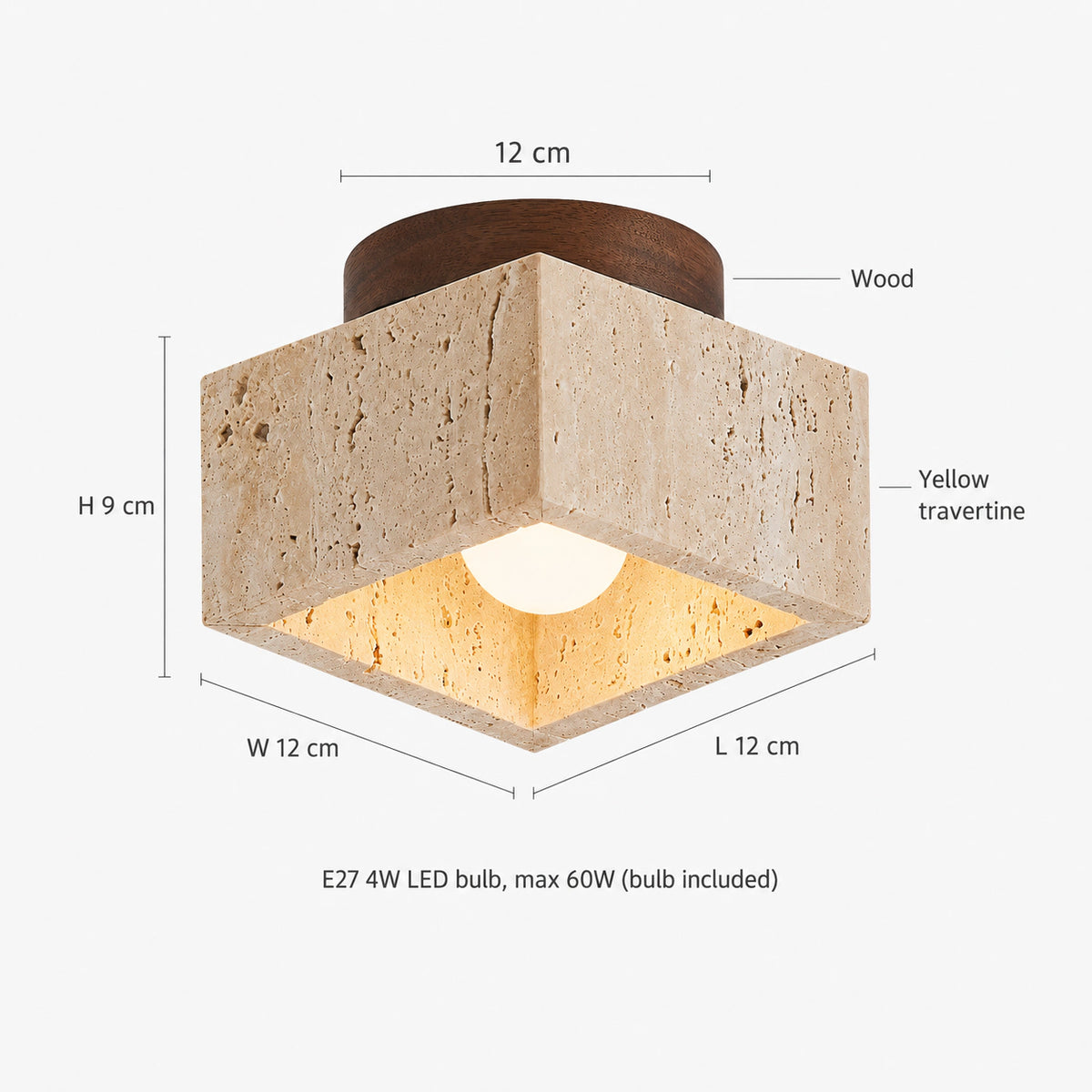 Measured dimensions of the travertine cube ceiling light, walnut collar