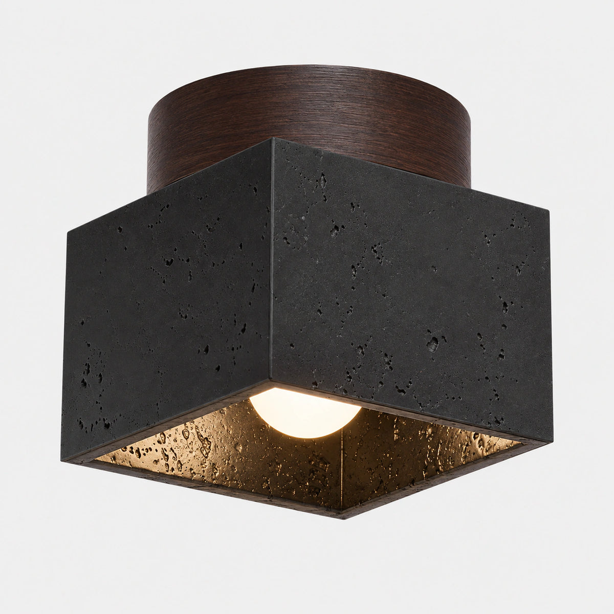 Black travertine cube ceiling light on a walnut mount, on a white background
