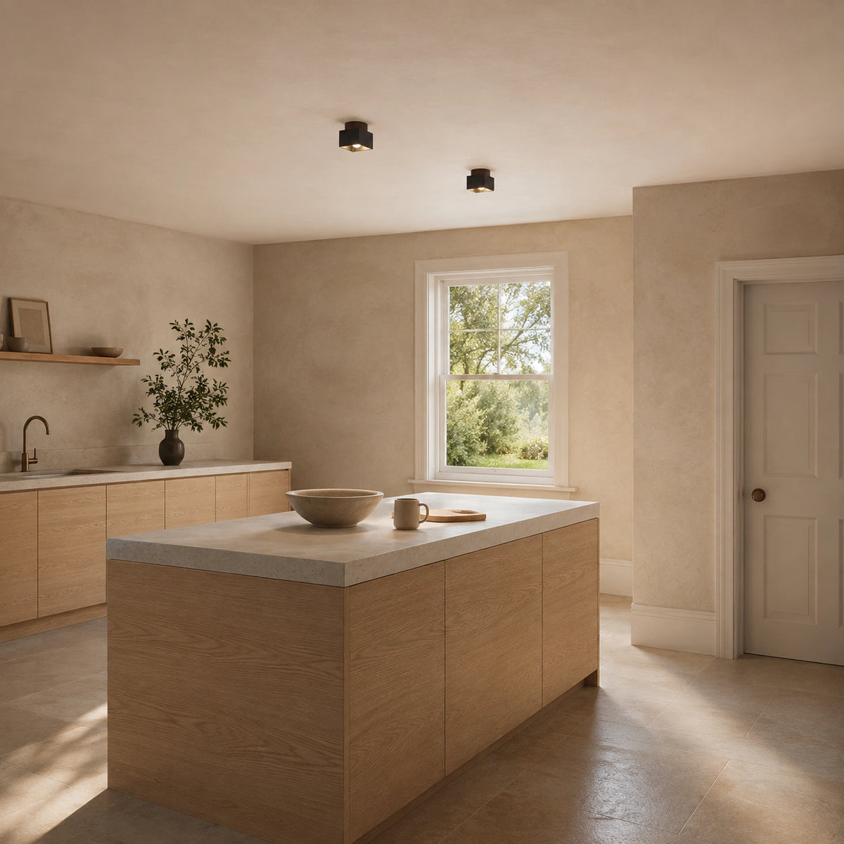 Black travertine cube ceiling light in a warm oak kitchen