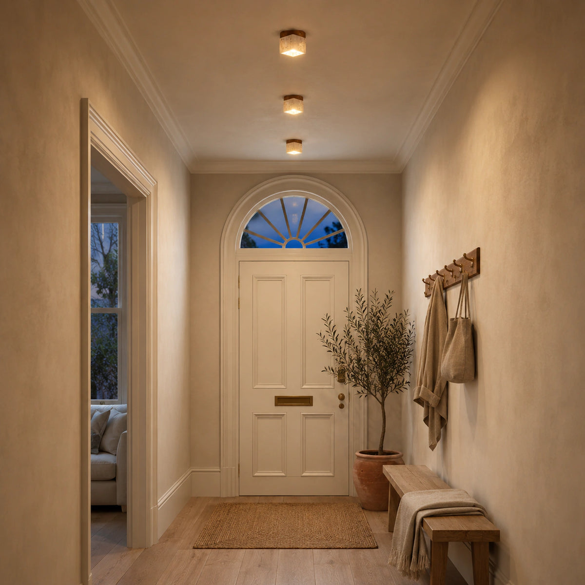 Travertine cube ceiling light on a hallway ceiling in a period home