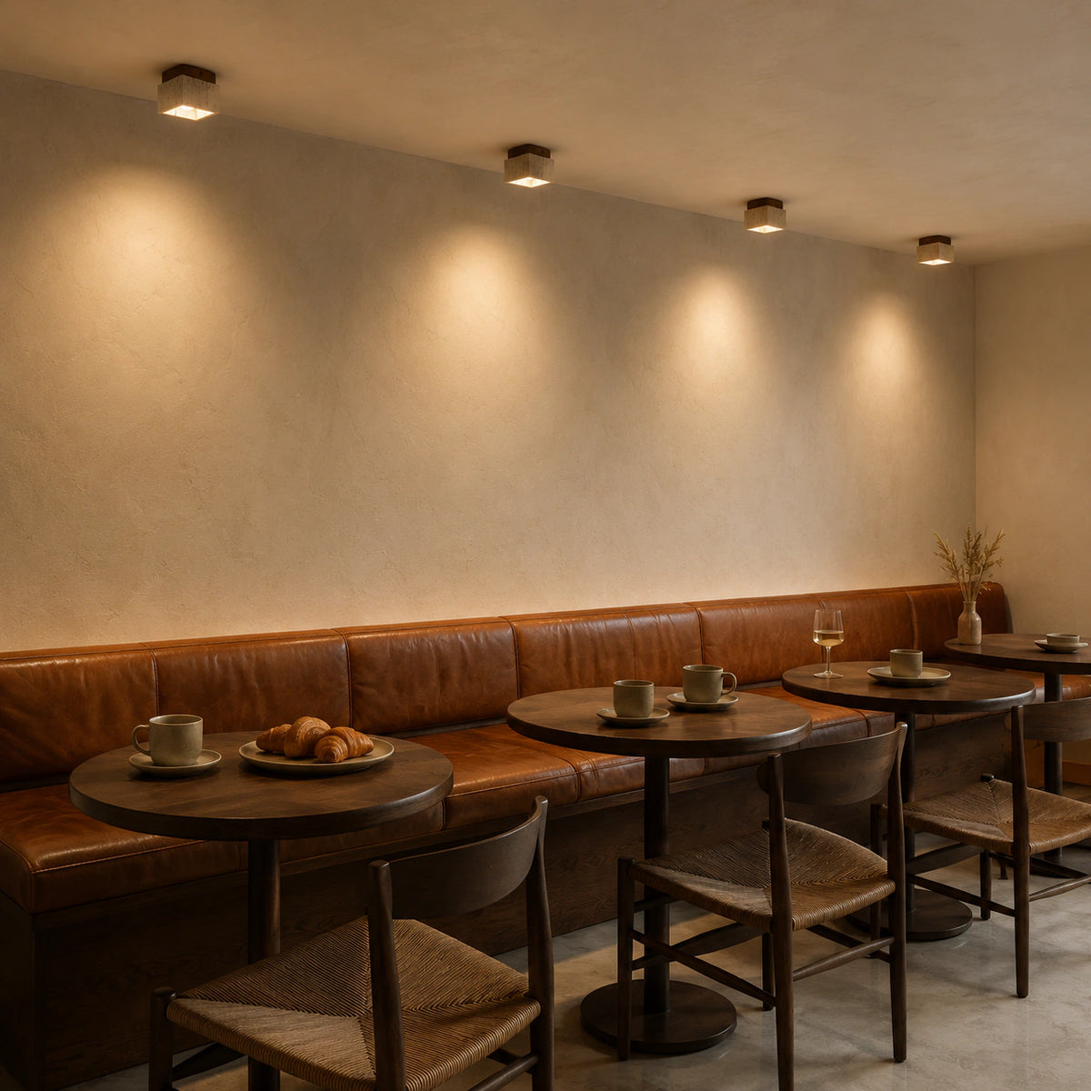 Travertine cube ceiling light above leather banquette seating in a restaurant