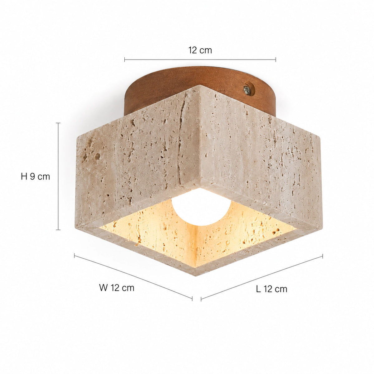 Measured dimensions of the travertine cube ceiling light, oak collar
