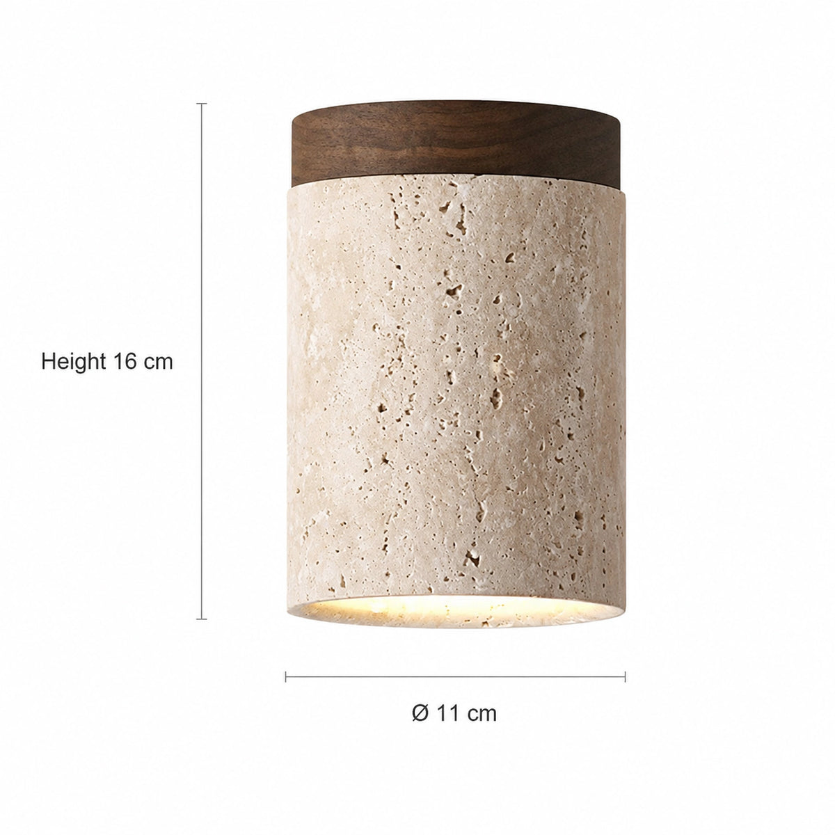 Measured dimensions of the travertine cylinder ceiling light, walnut collar