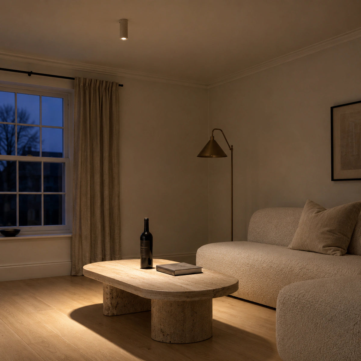 Travertine tube downlight in a calm neutral living room