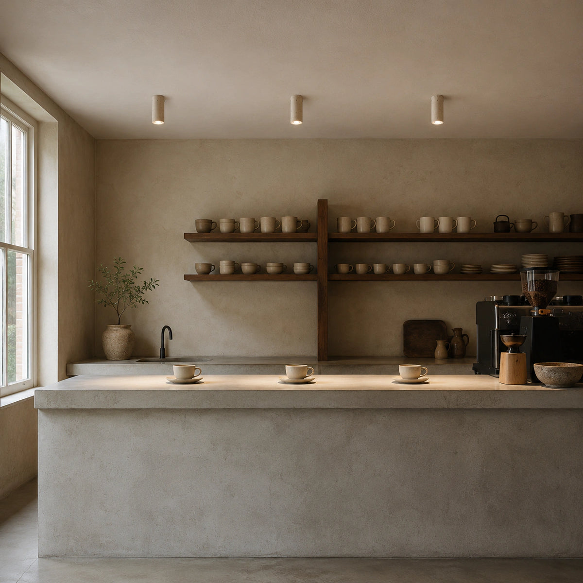 Travertine tube downlight over the counter of a warm minimalist cafe