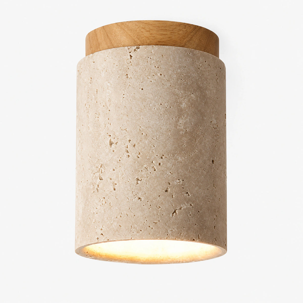 Travertine cylinder ceiling light with an oak collar on a white background