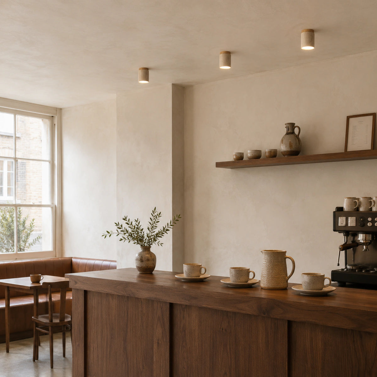 Travertine cylinder ceiling light fitted to the ceiling of a warm oak kitchen