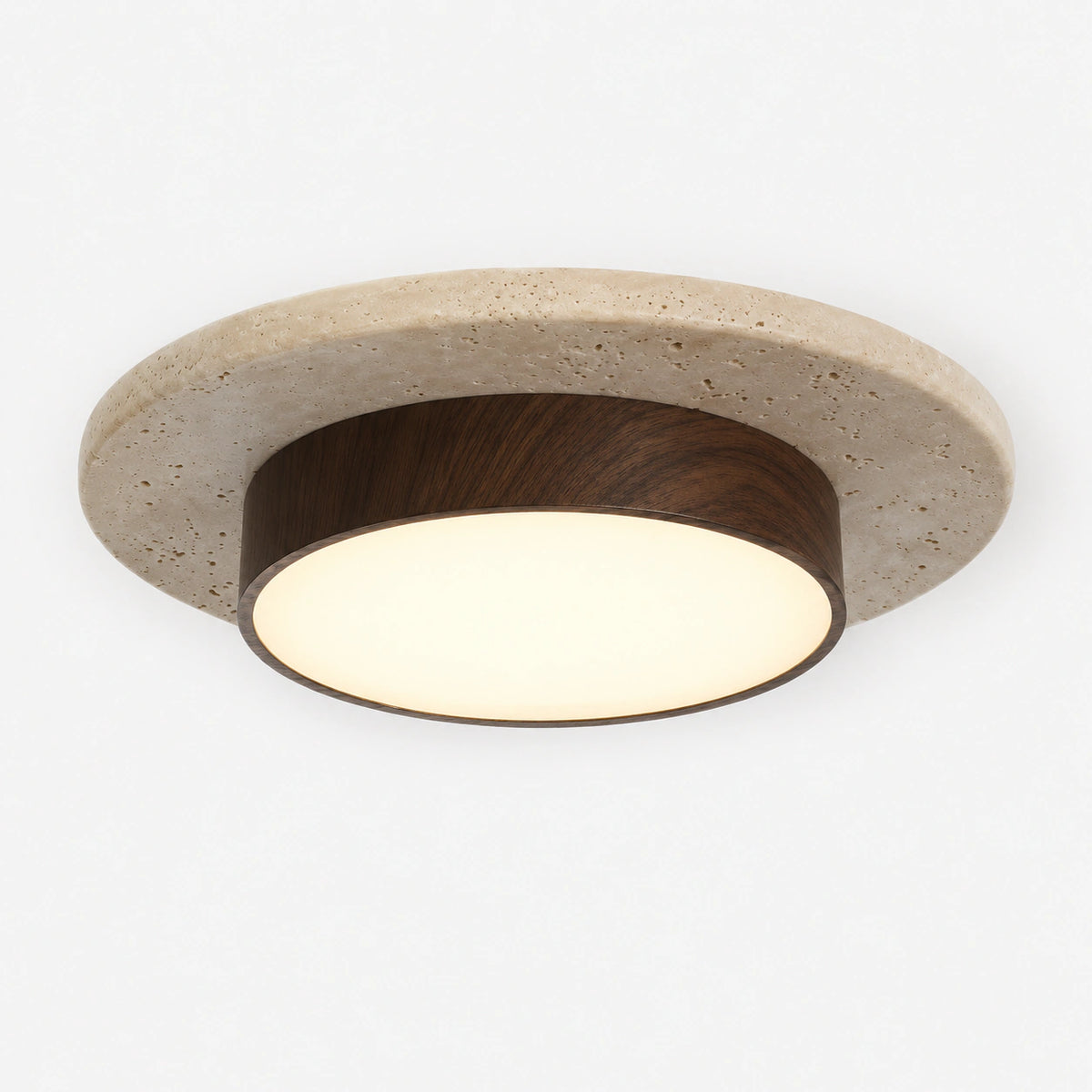 Travertine disc ceiling light with a walnut ring on a white background