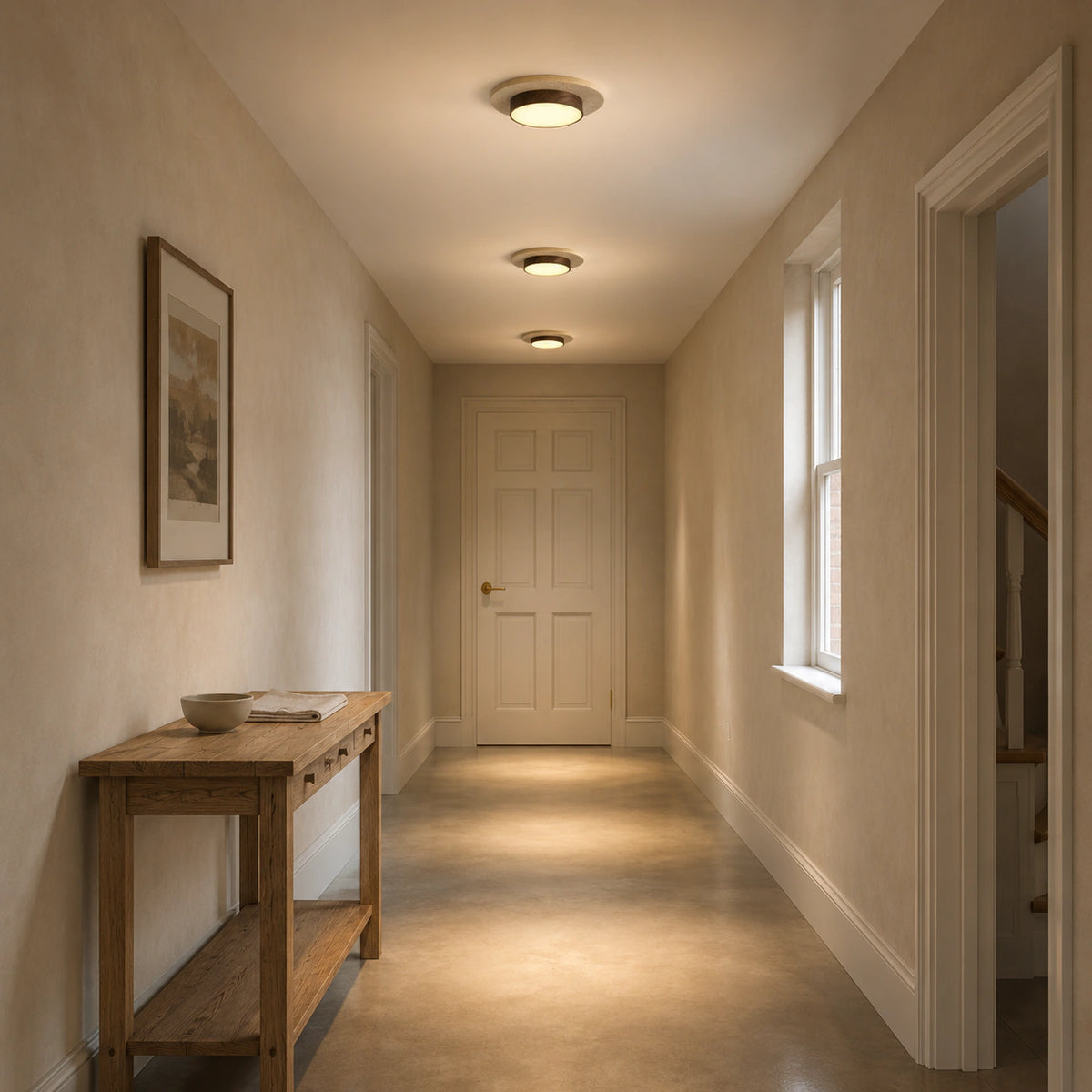 Travertine disc ceiling light with a walnut ring lighting a plastered hallway