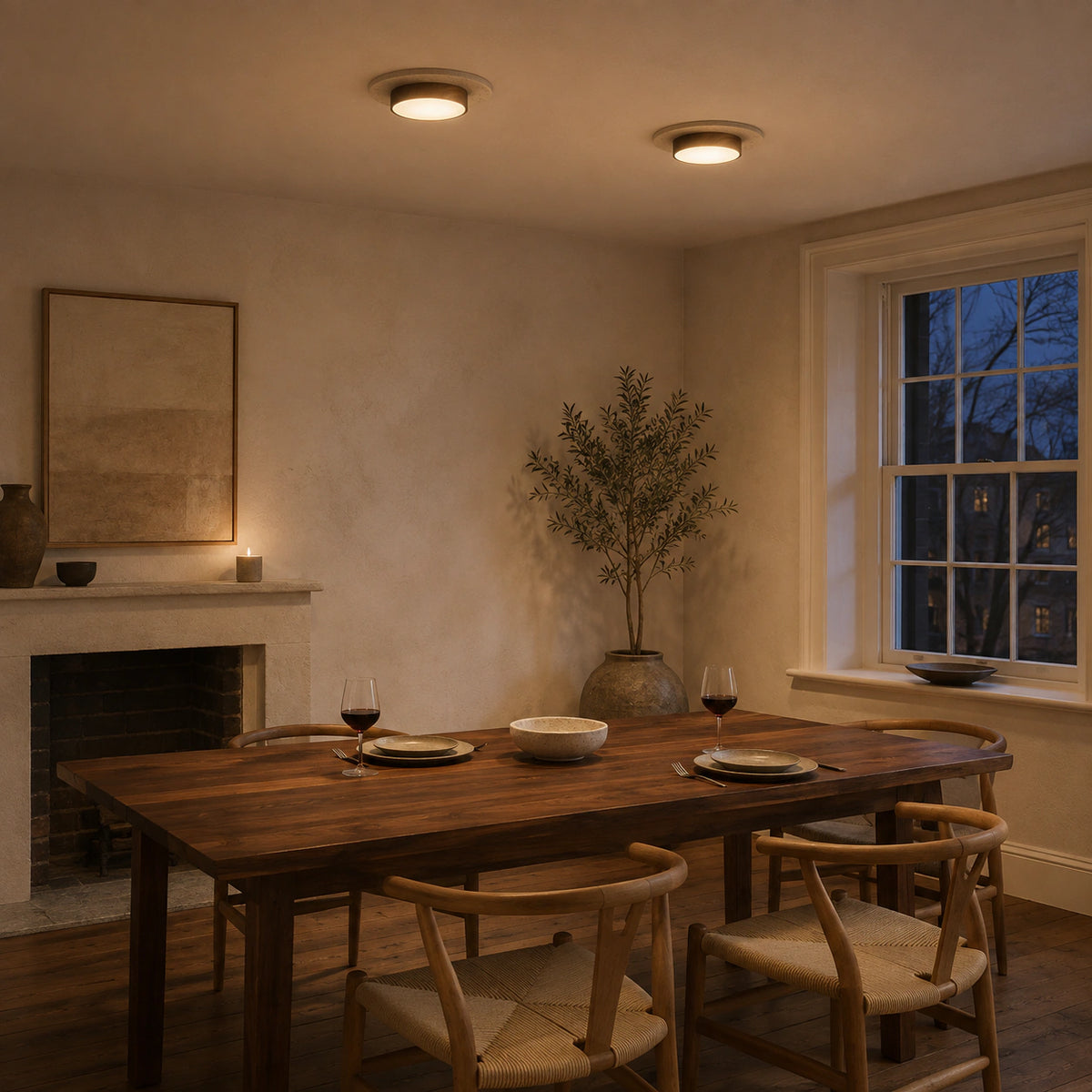Travertine disc ceiling light lighting a minimalist dining room