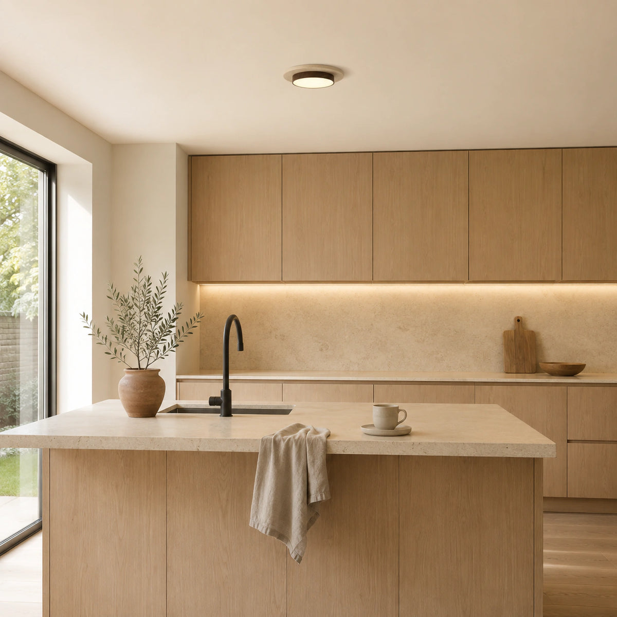 Travertine disc ceiling light with a walnut ring in a warm oak kitchen
