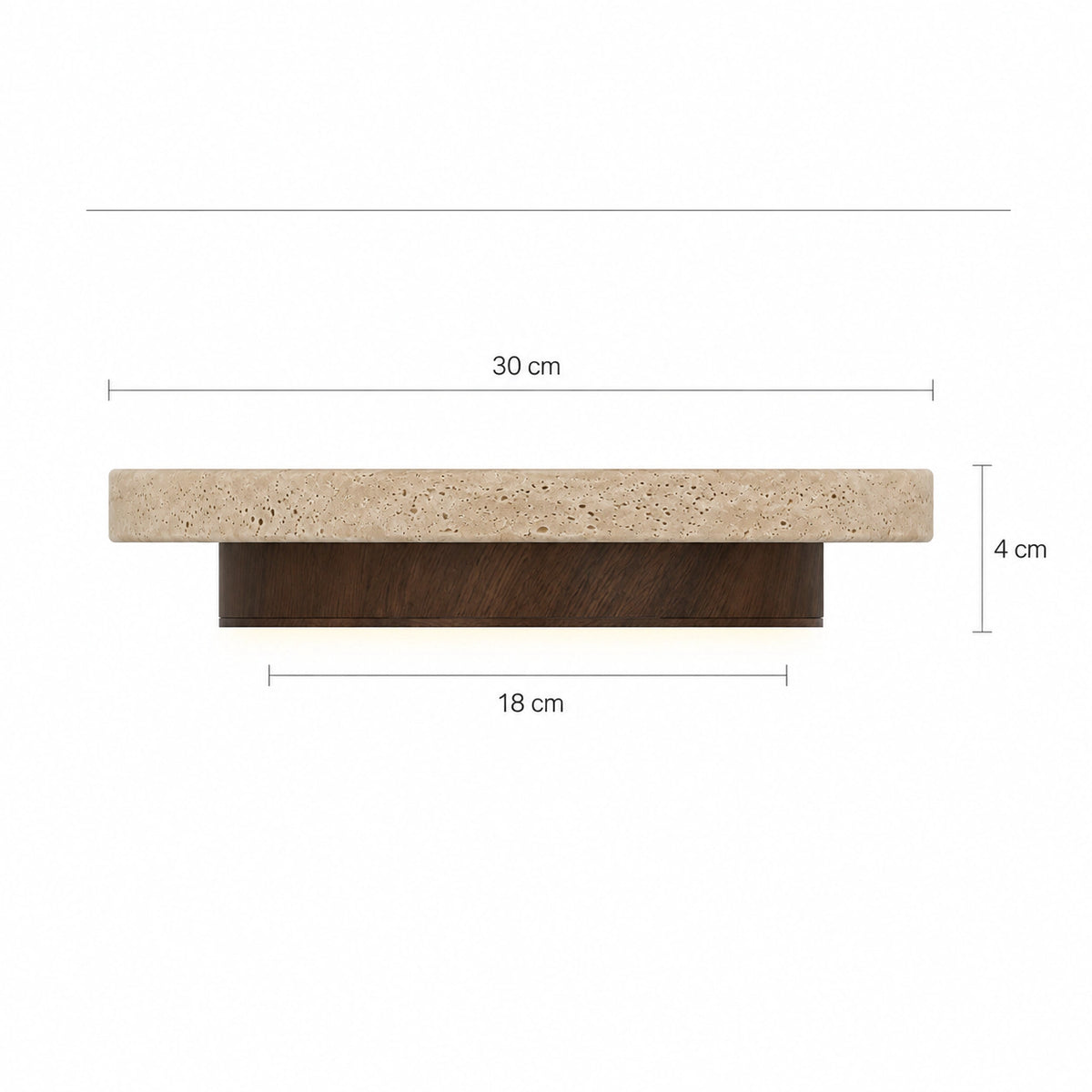 Measured dimensions of the travertine disc ceiling light, walnut ring