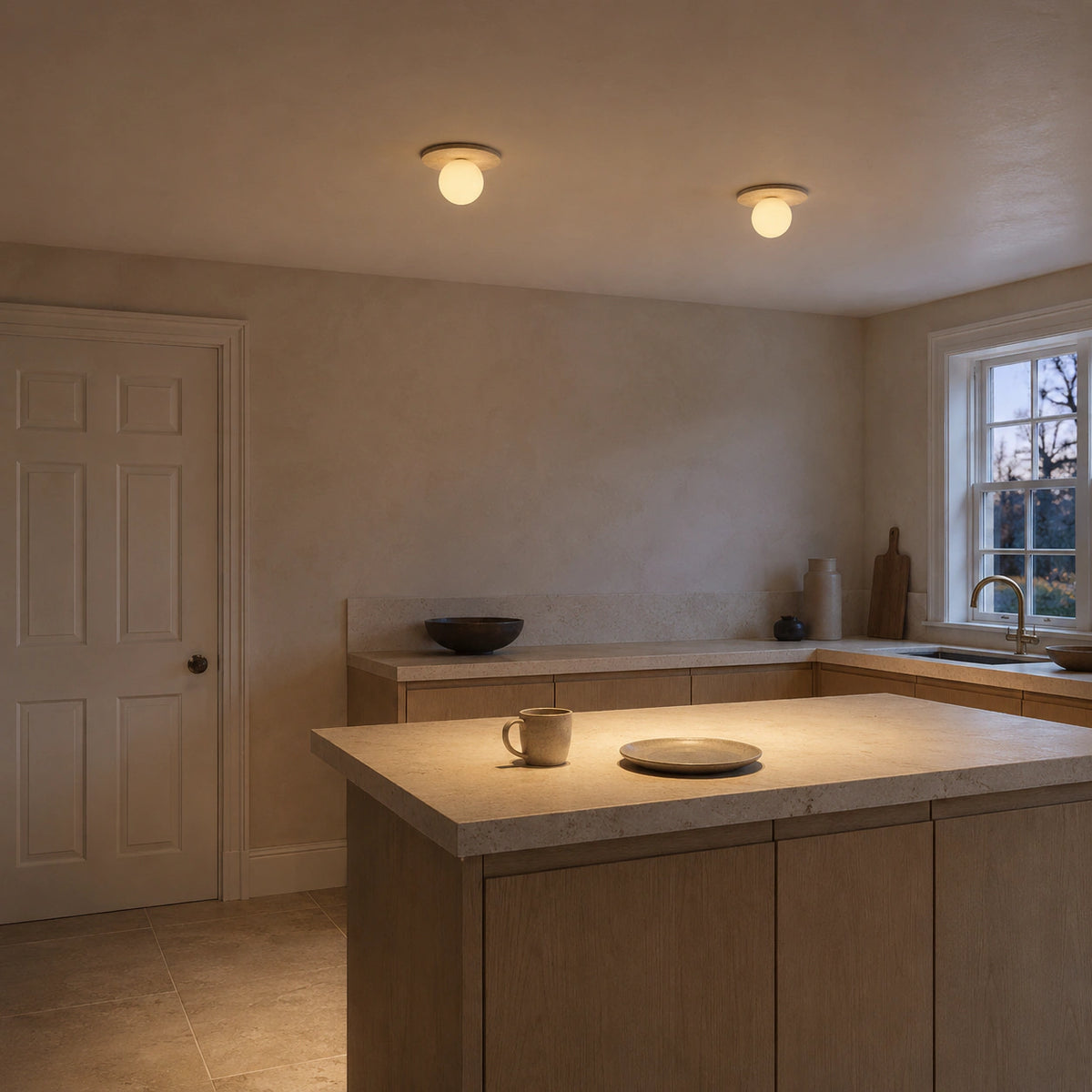 Beige travertine disc ceiling light in a warm oak kitchen