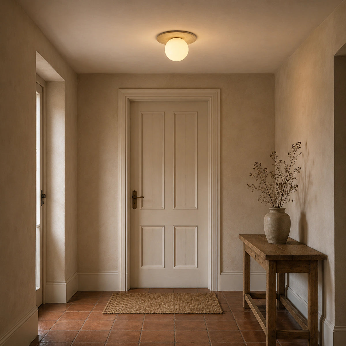 Beige travertine disc ceiling light lighting a plastered hallway