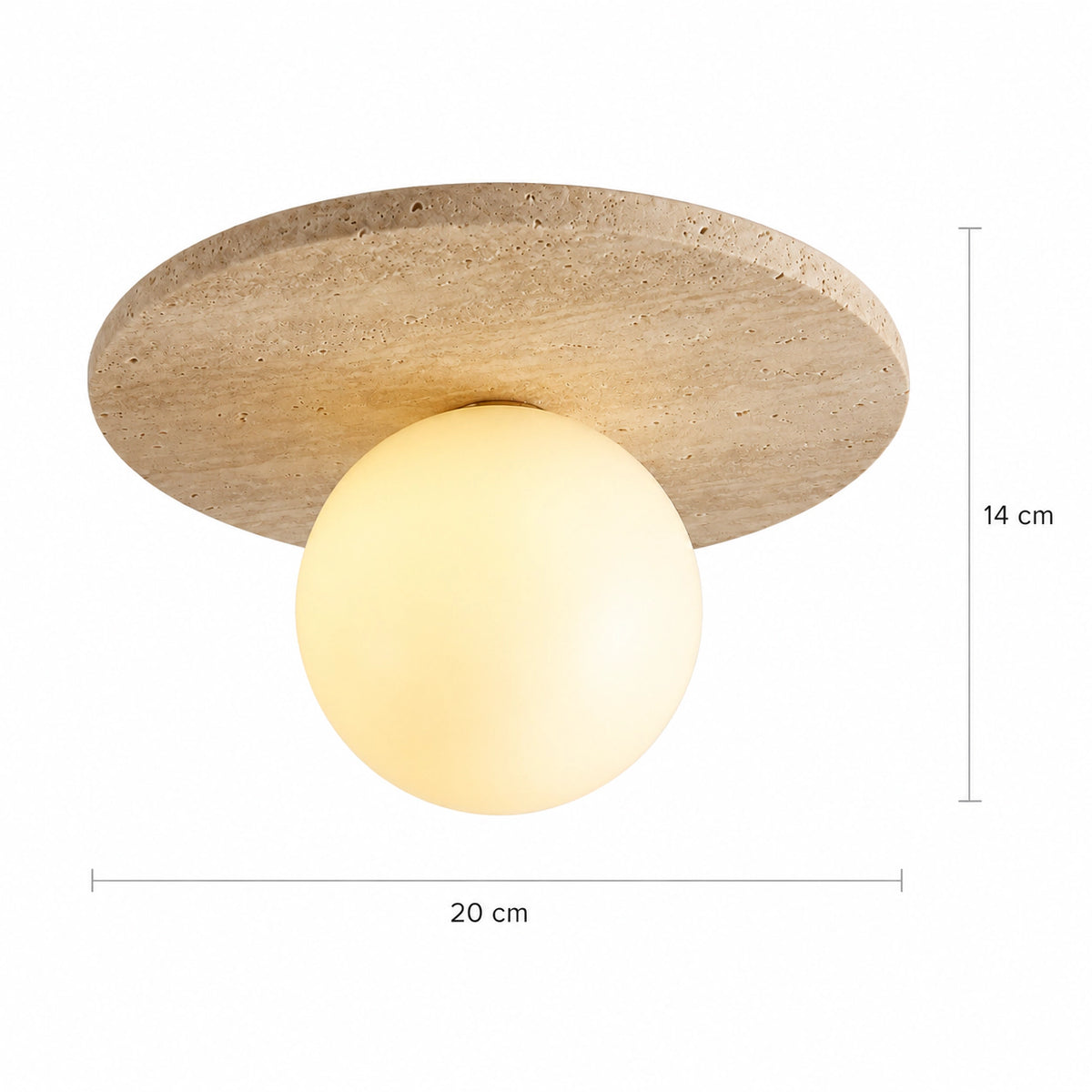 Measured dimensions of the travertine disc ceiling light, 20 cm diameter