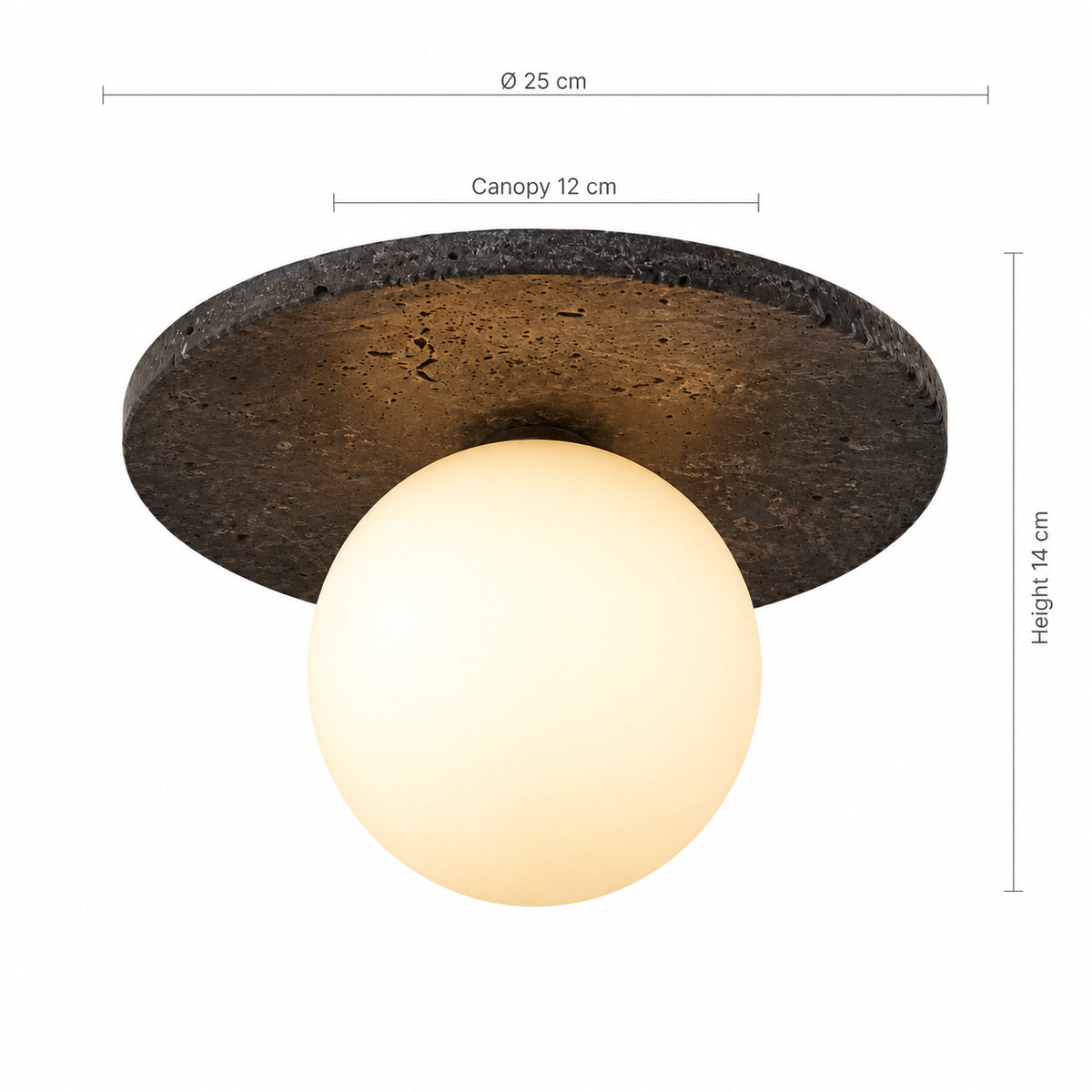 Measured dimensions of the black travertine disc ceiling light