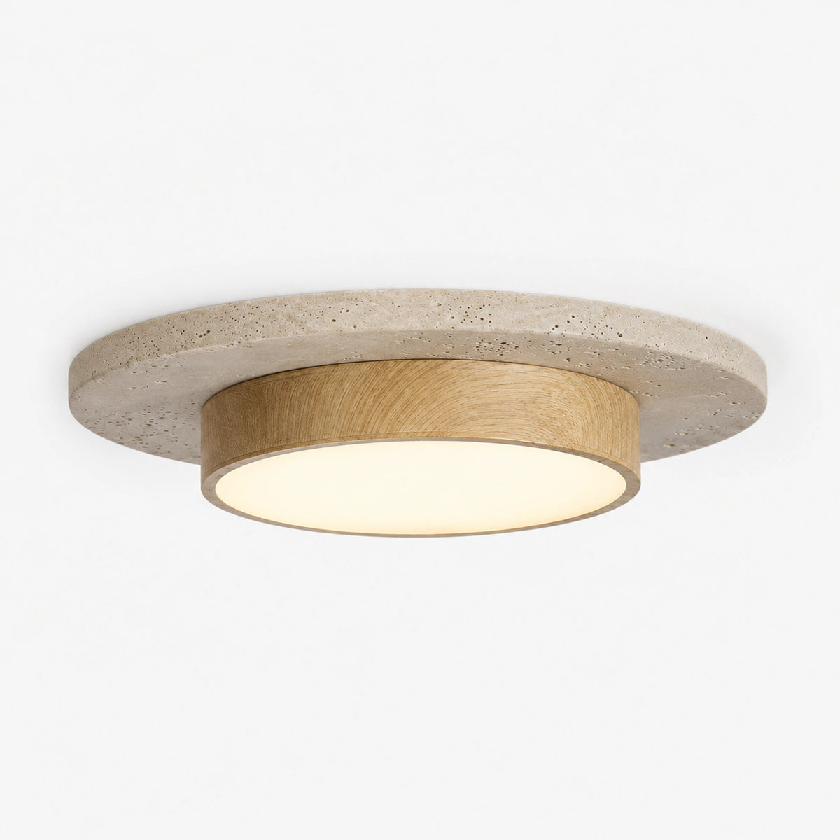 Travertine disc ceiling light with an oak ring on a white background