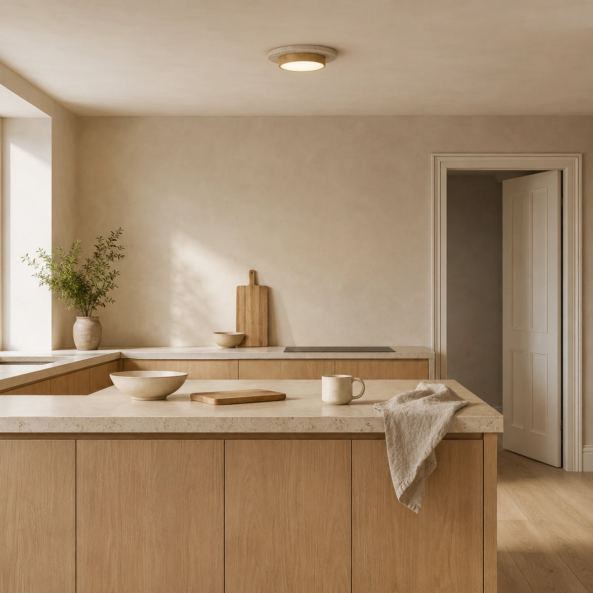 Travertine disc ceiling light with an oak ring in a warm oak kitchen