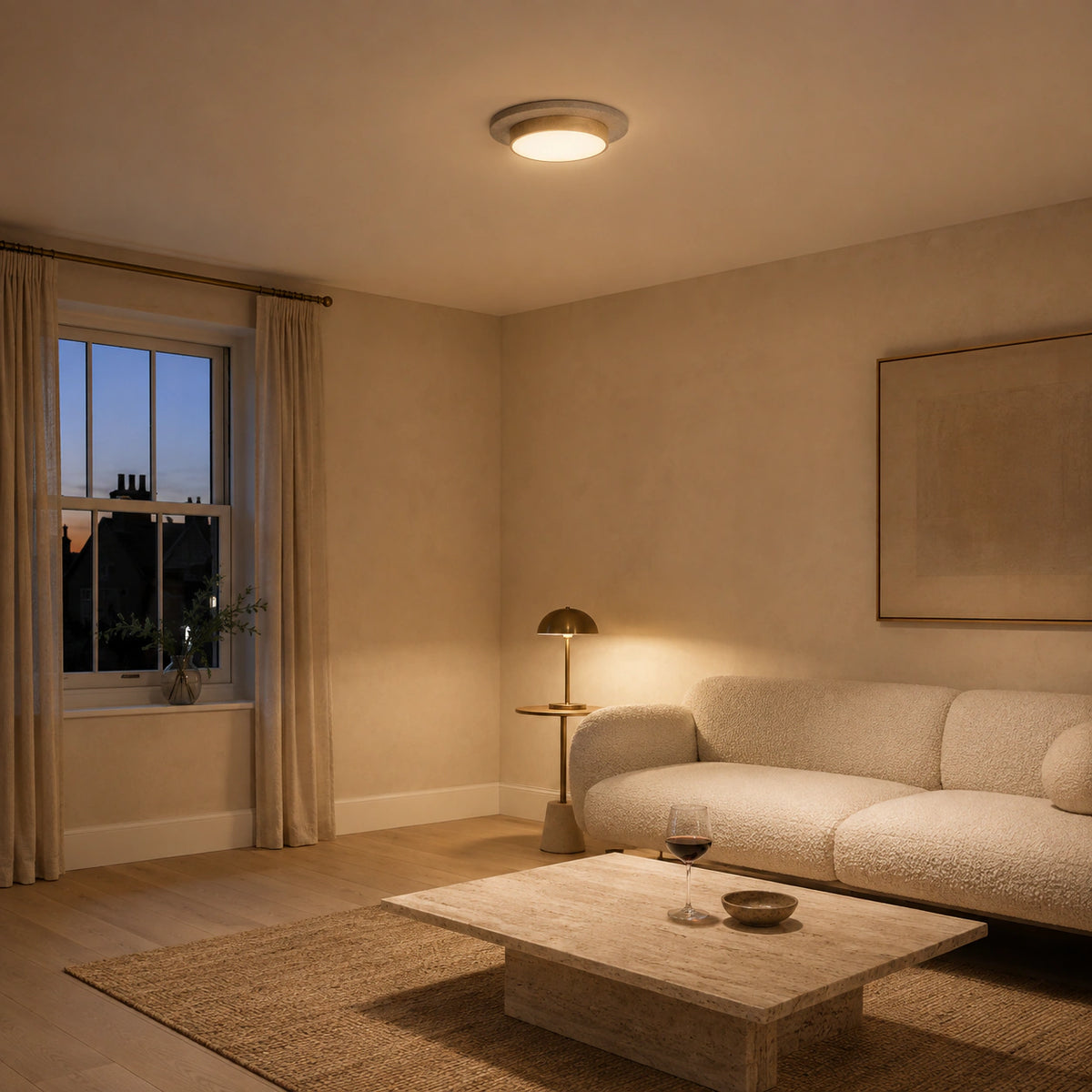 Travertine disc ceiling light in a calm neutral living room