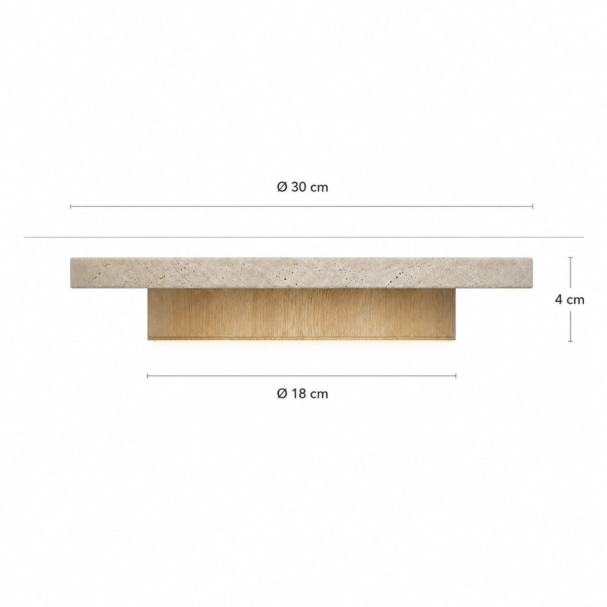 Measured dimensions of the travertine disc ceiling light, oak ring
