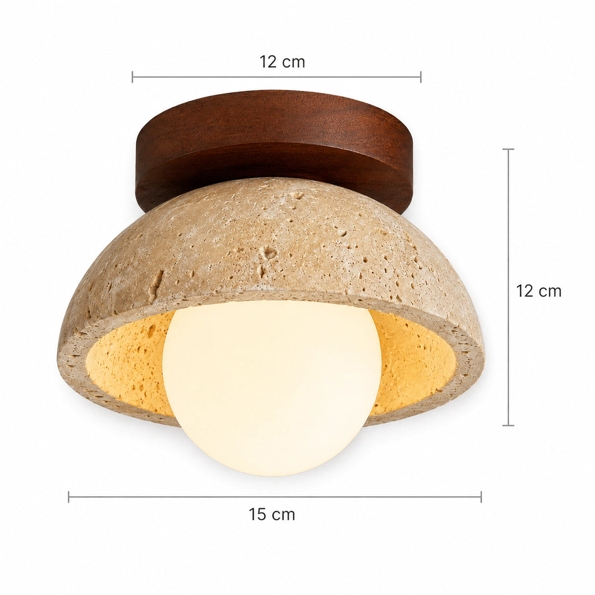 Measured dimensions of the travertine dome ceiling light, walnut collar