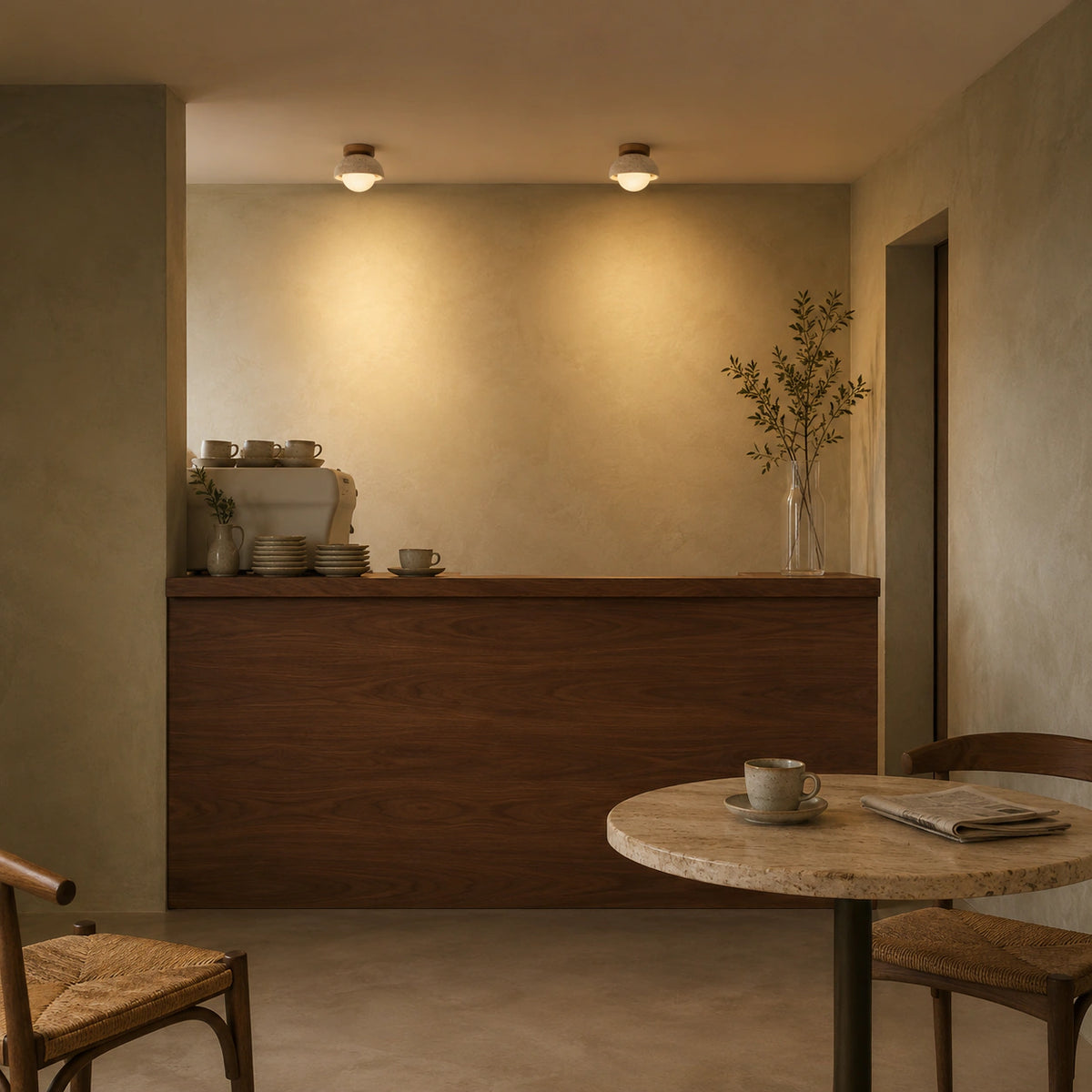 Travertine dome ceiling light over the counter of a warm minimalist cafe