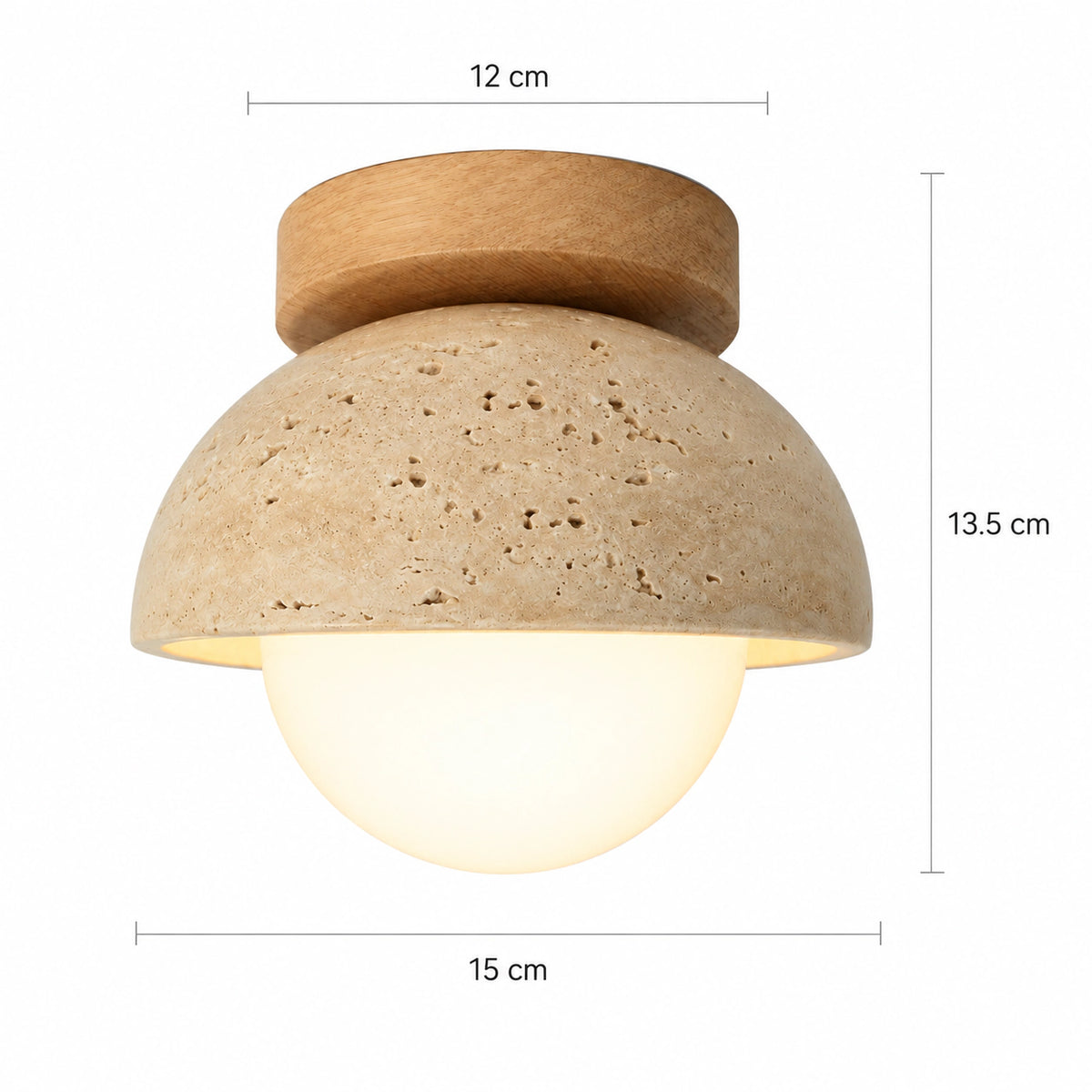 Measured dimensions of the travertine dome ceiling light, oak collar
