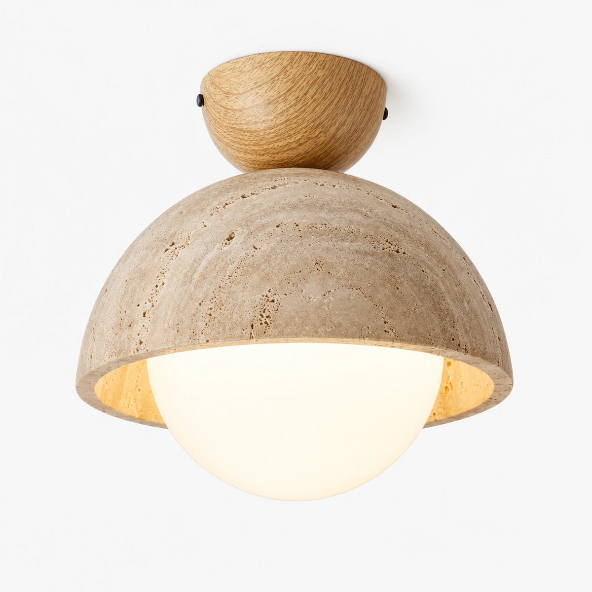 Deep travertine dome ceiling light with an opal globe and turned oak mount on a white background