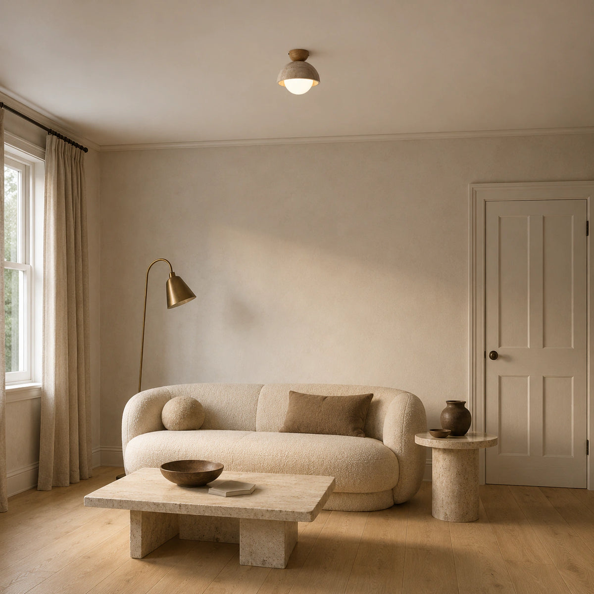 Deep travertine dome ceiling light with an oak mount in a calm neutral living room