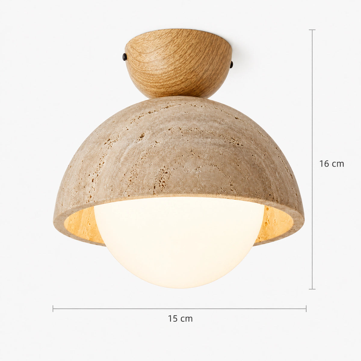 Measured dimensions of the deep travertine dome ceiling light, oak mount