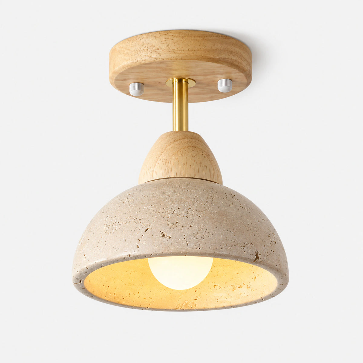 Adjustable travertine dome spotlight with an oak canopy and brass stem on a white background