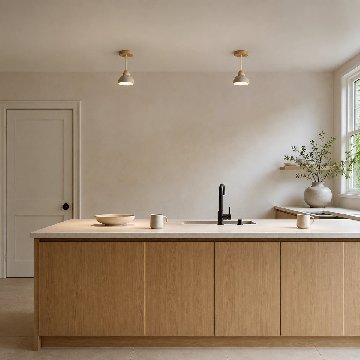 Adjustable travertine dome spotlight in a warm oak kitchen