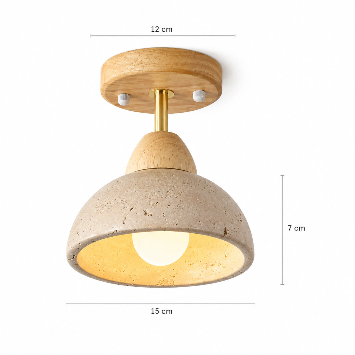 Measured dimensions of the adjustable travertine dome spotlight, oak canopy