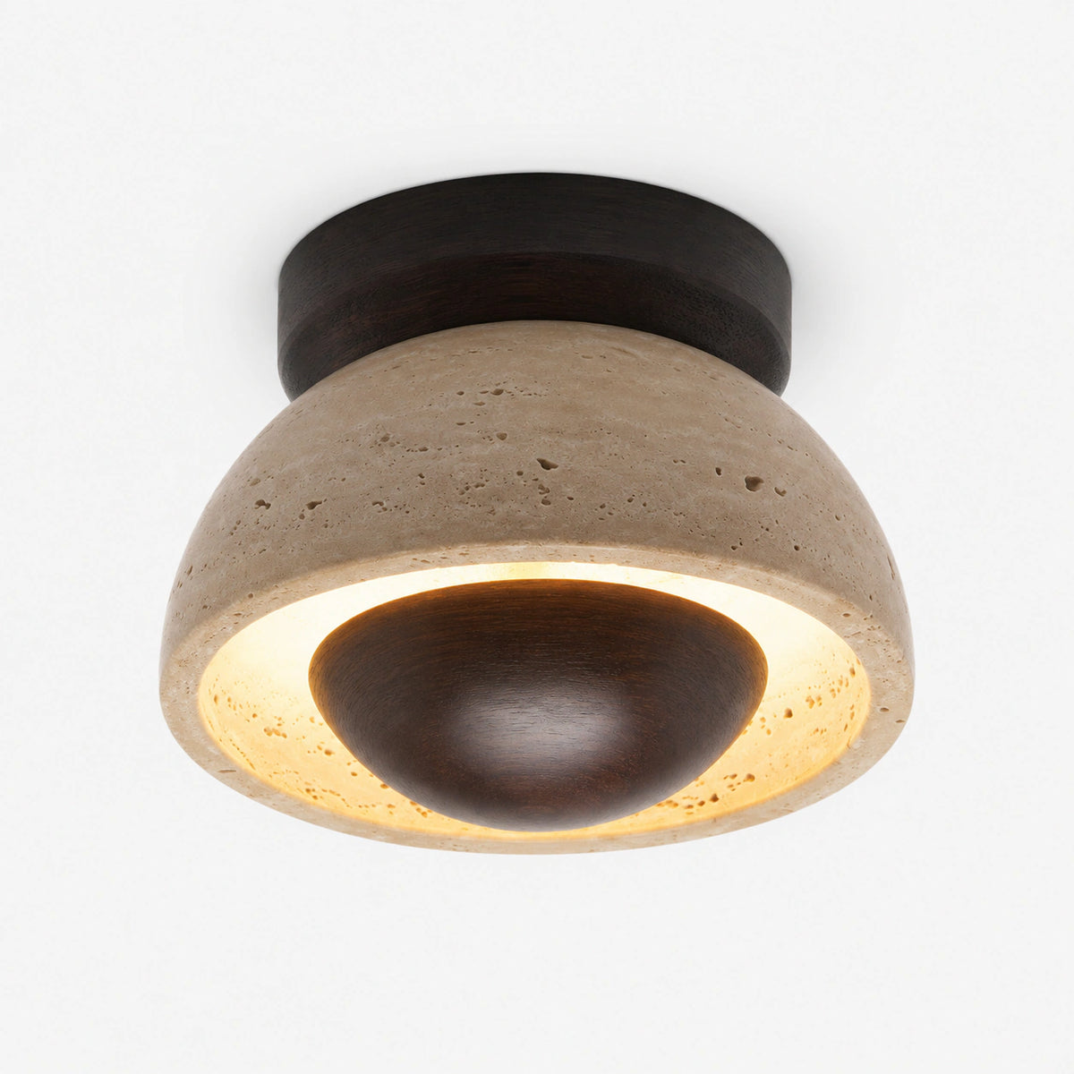 Travertine ceiling light with a walnut reflector bowl inside the dome, on a white background