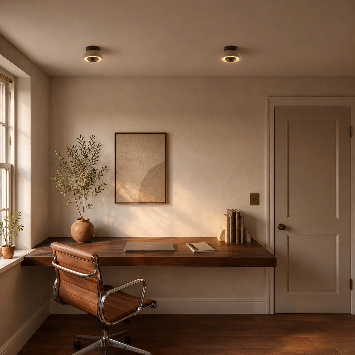 Travertine ceiling light with a walnut reflector above a home office desk