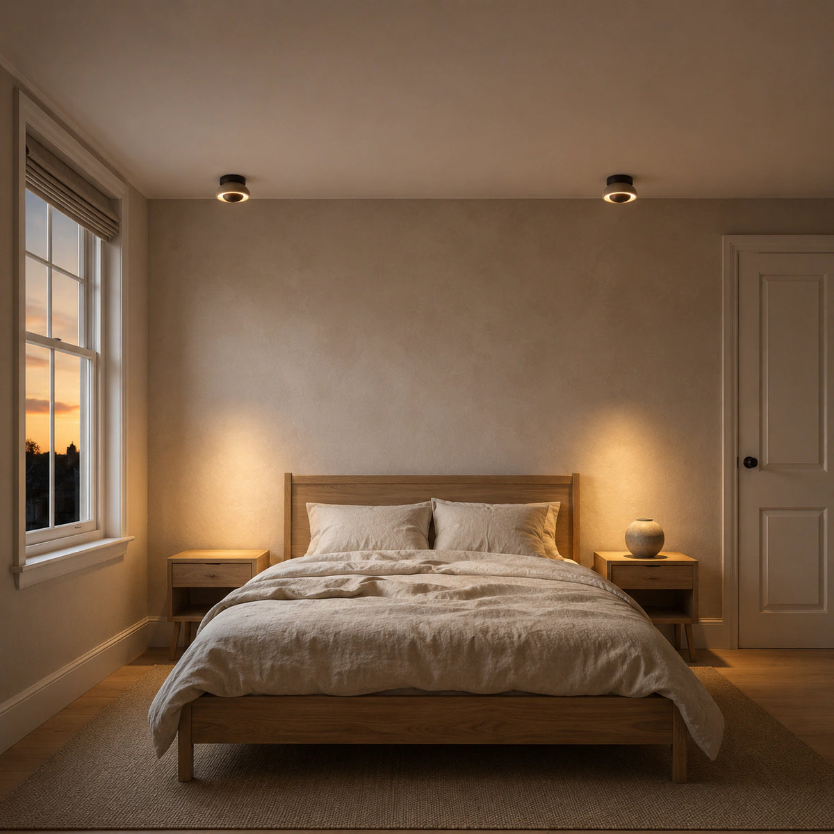 Travertine ceiling light with a walnut reflector giving soft light in a calm bedroom