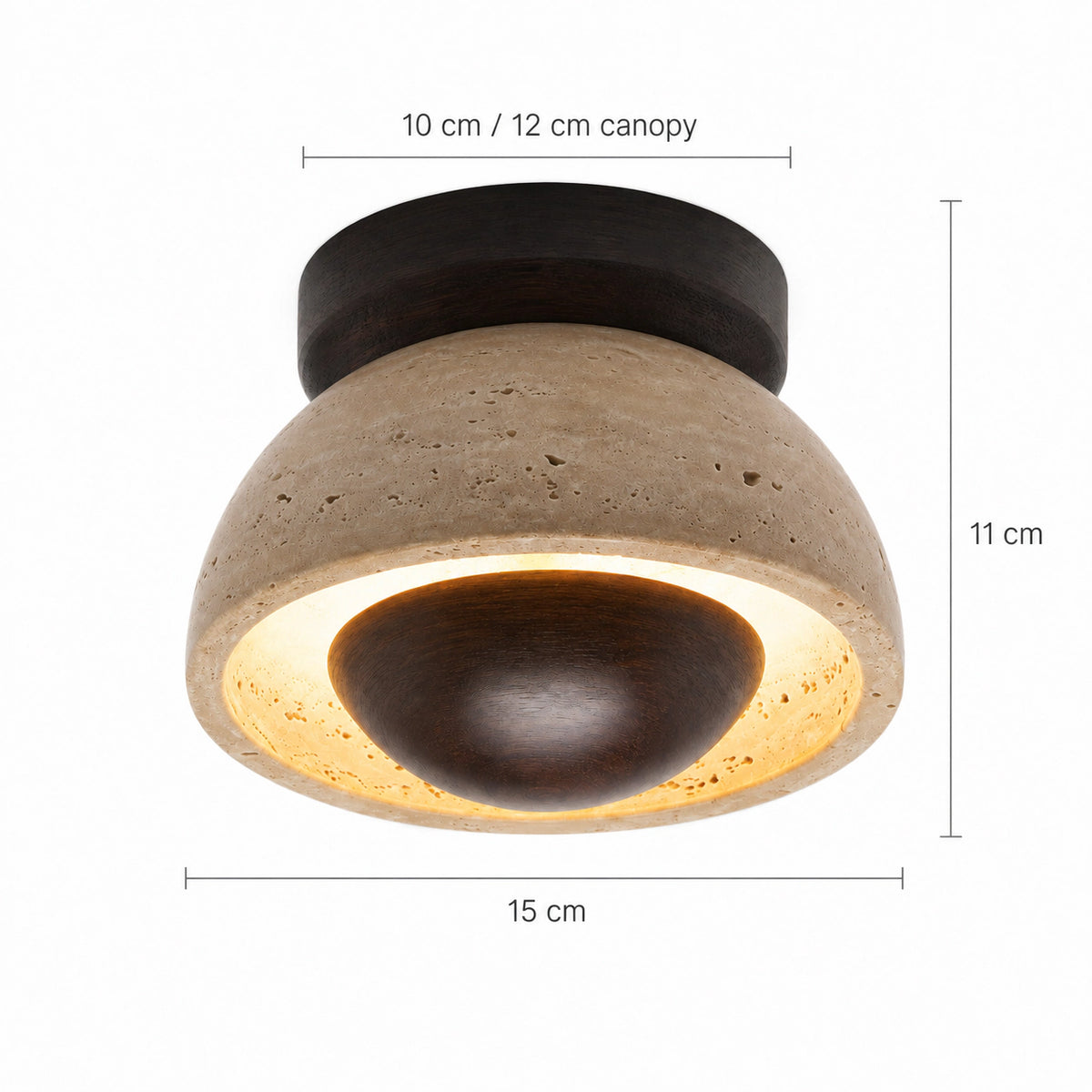 Measured dimensions of the travertine ceiling light with a wood reflector, walnut