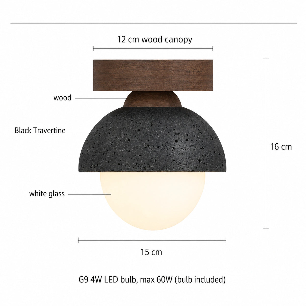 Measured dimensions of the black travertine dome ceiling light, flush mount