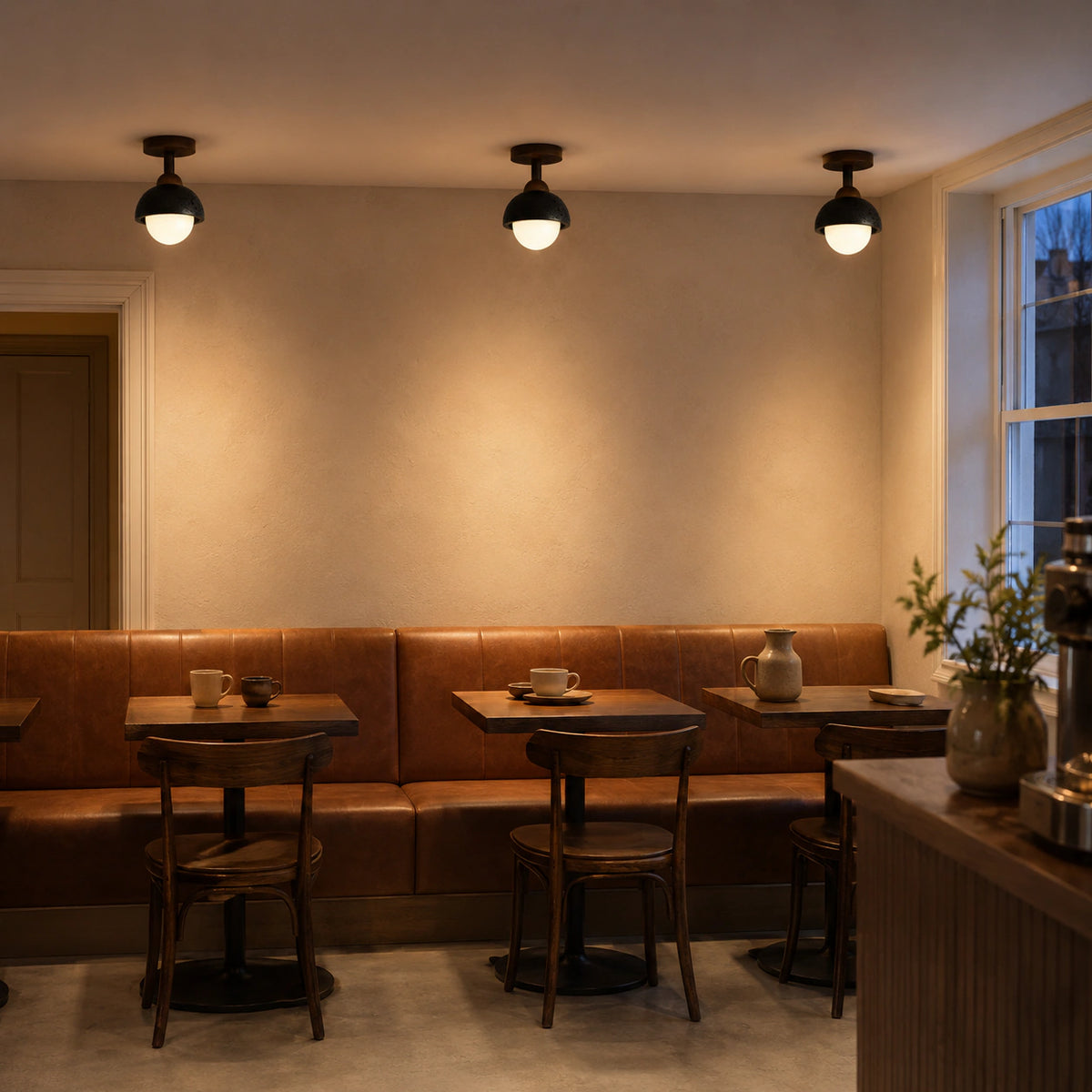 Black travertine dome ceiling light on a drop above restaurant banquette seating