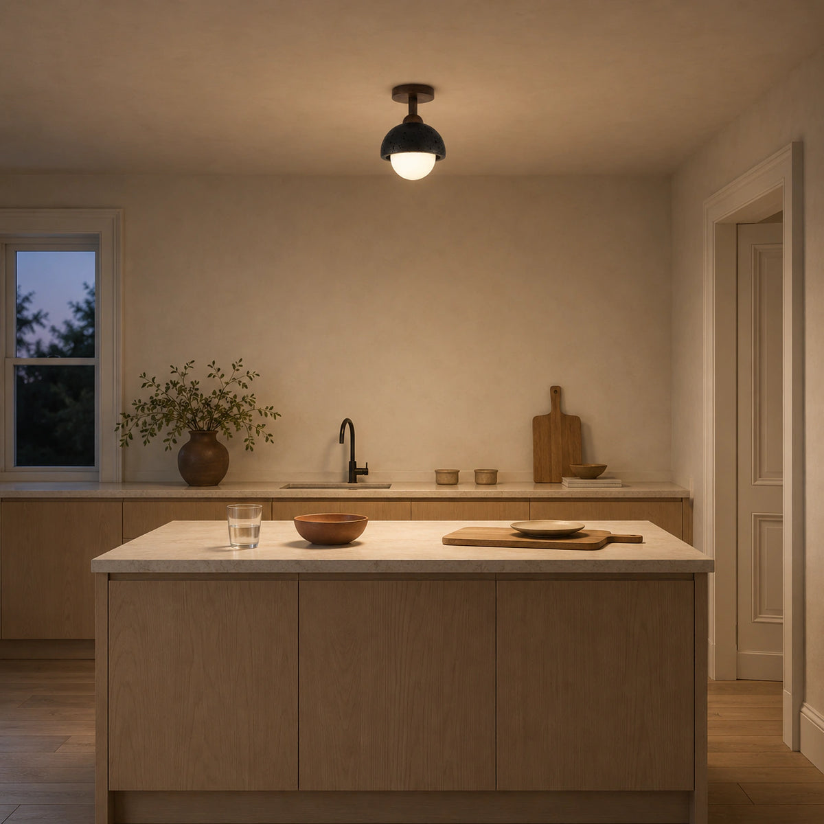 Black travertine dome ceiling light on a drop in a warm oak kitchen