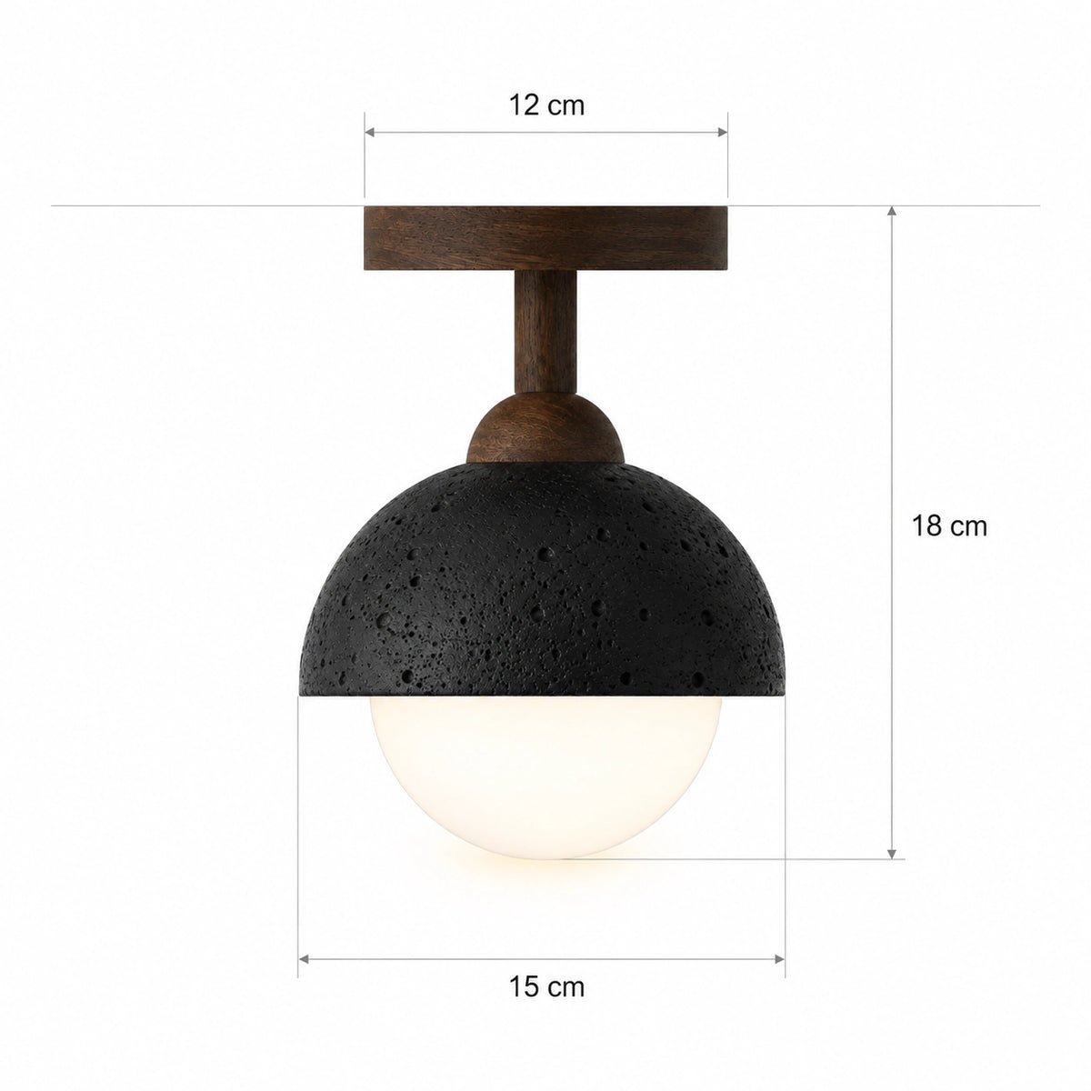 Measured dimensions of the black travertine dome ceiling light, semi flush drop