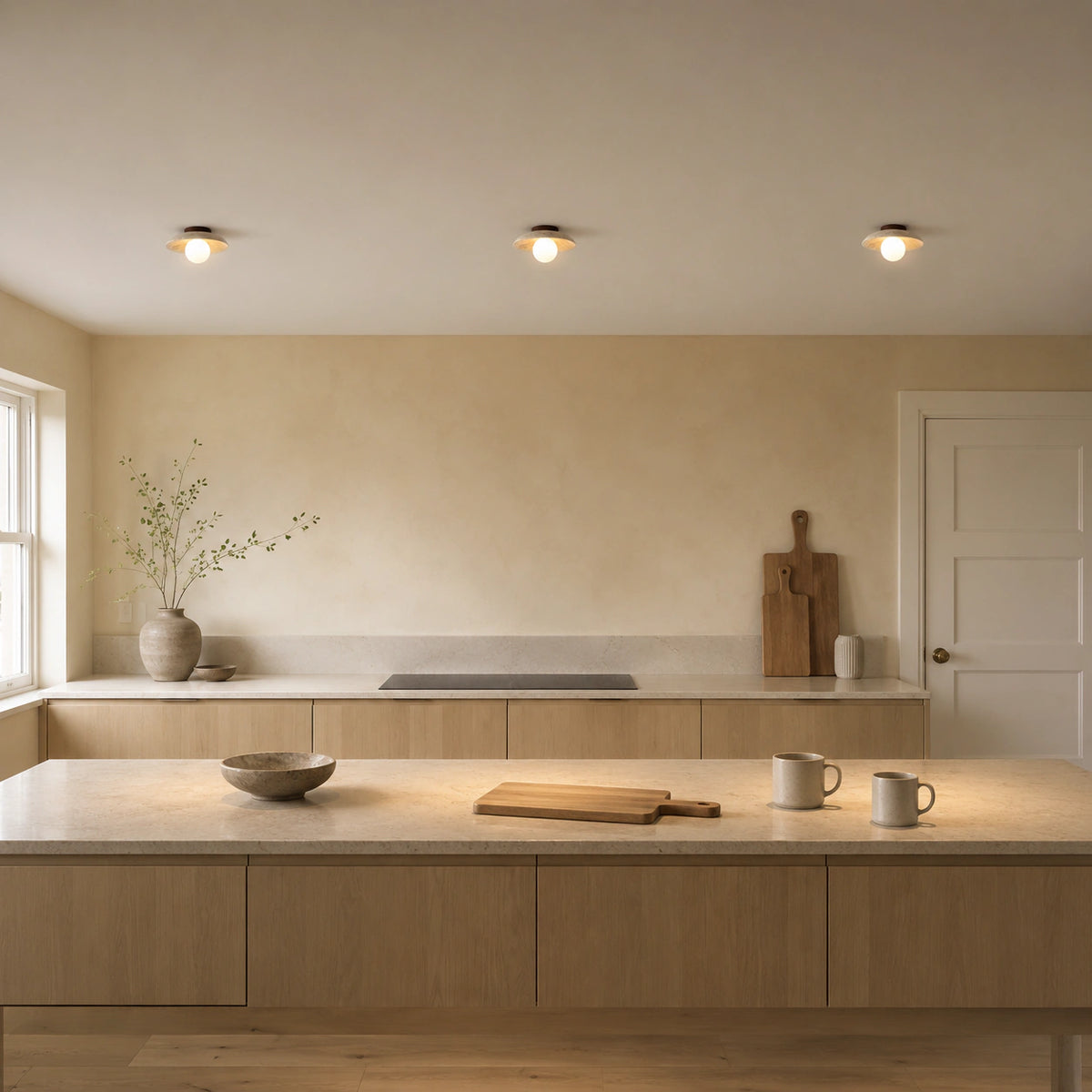 Wide travertine dish ceiling light in a warm oak kitchen