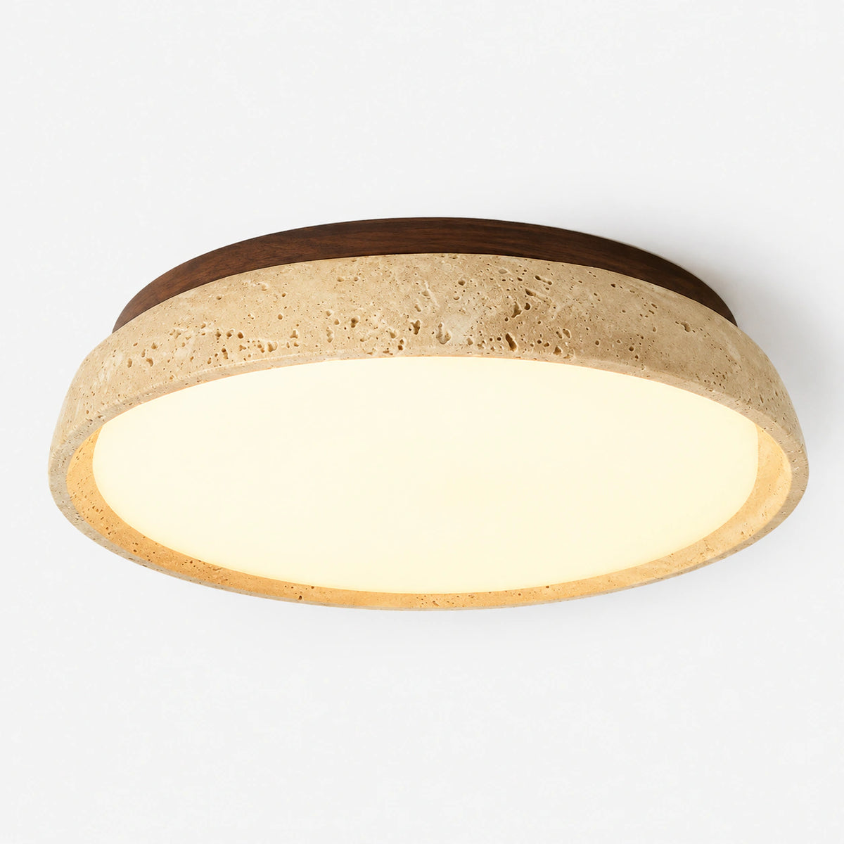 Travertine saucer ceiling light with a flush diffuser on a white background