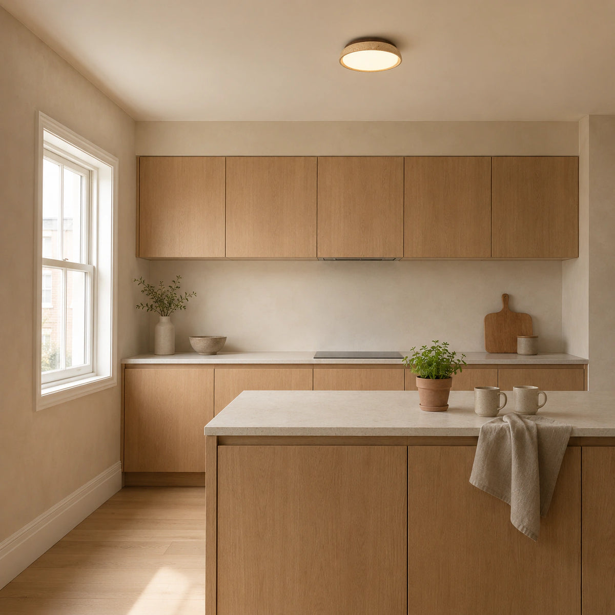 Travertine saucer ceiling light in a warm oak kitchen