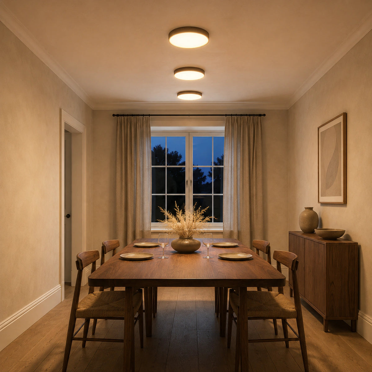 Travertine saucer ceiling light lighting a minimalist dining room