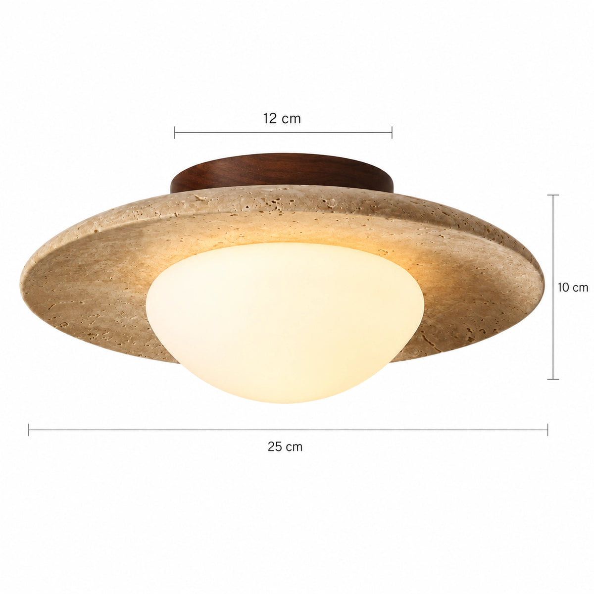 Measured dimensions of the flat travertine dish ceiling light